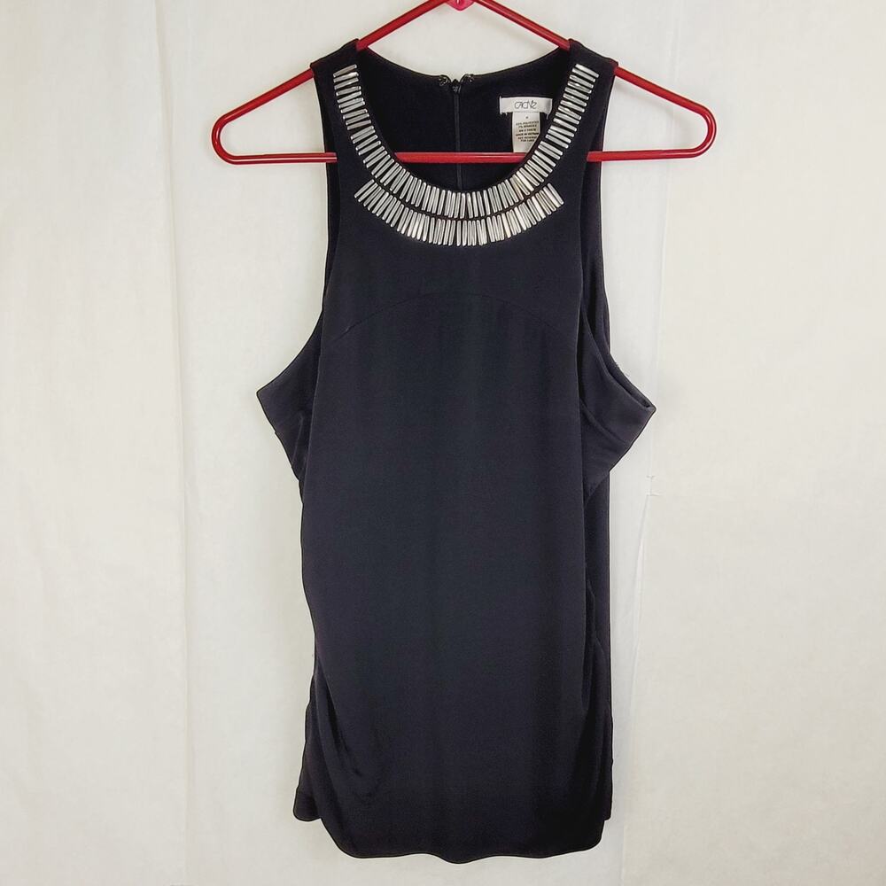 Vintage Cache black metal beaded top Size medium ruched sides 90s Retro Glam
